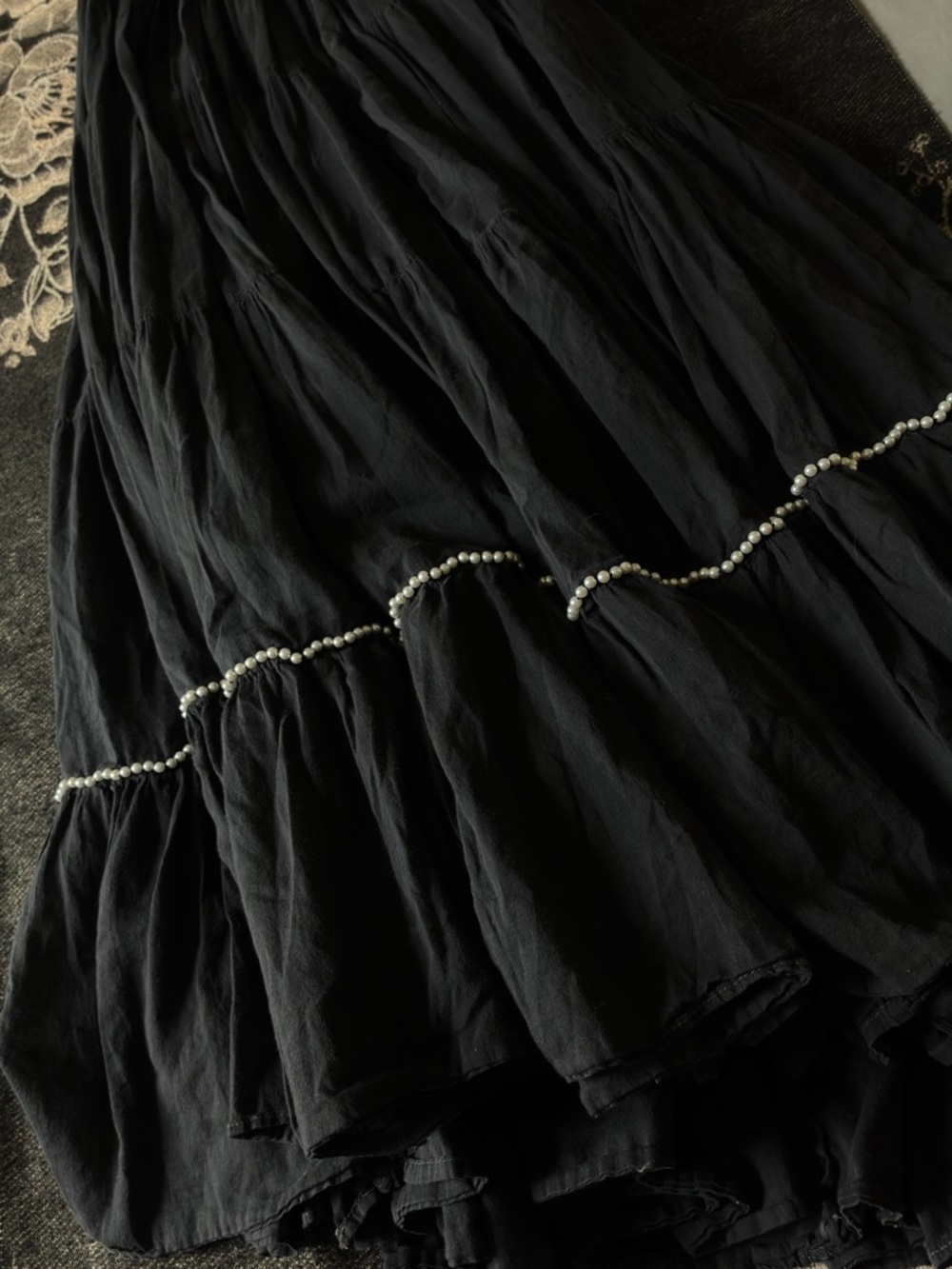 Black Tiered Maxi Skirt with Pearl Trim
